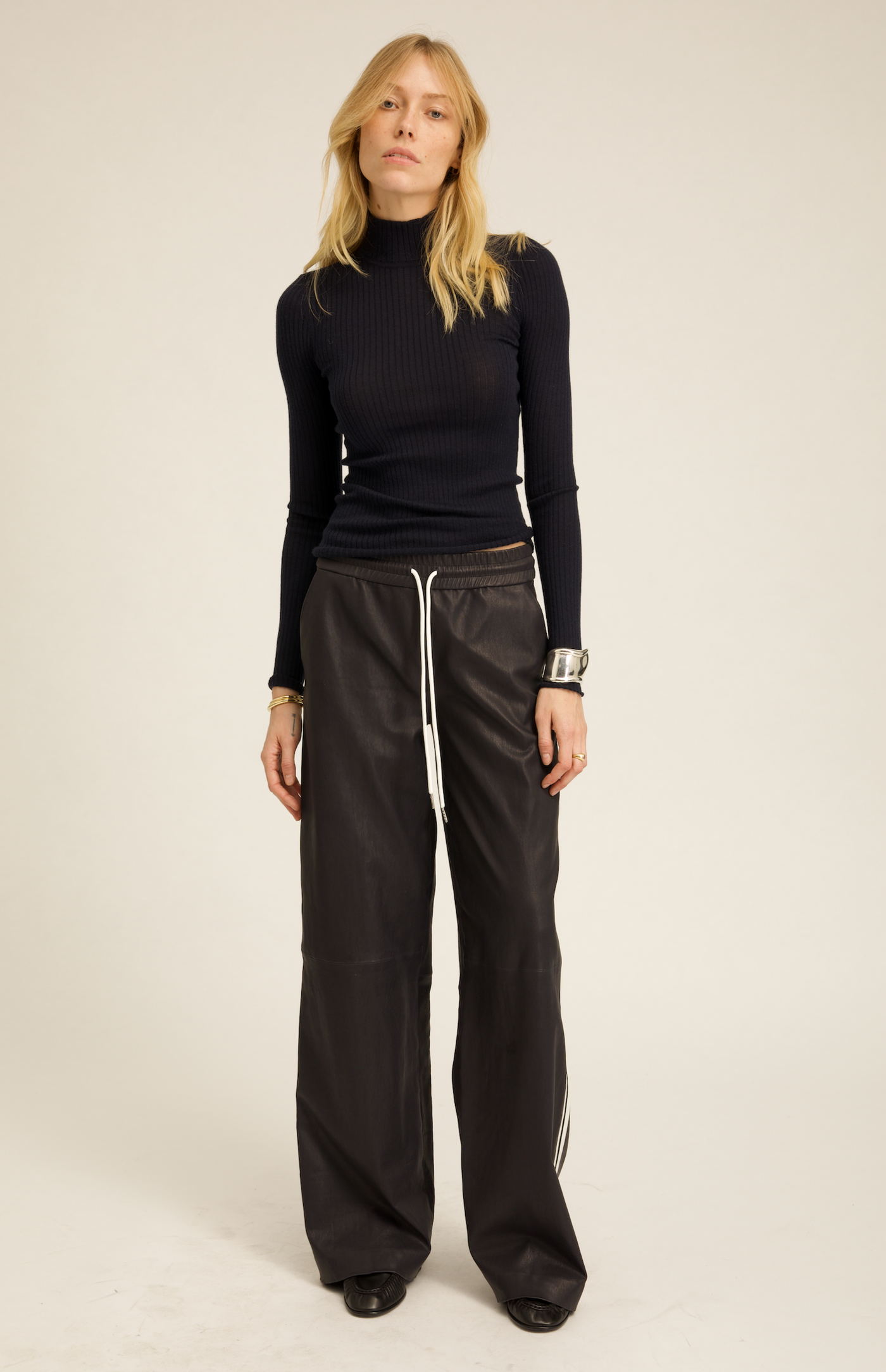 Navy Leather Baggy Athletic Pants