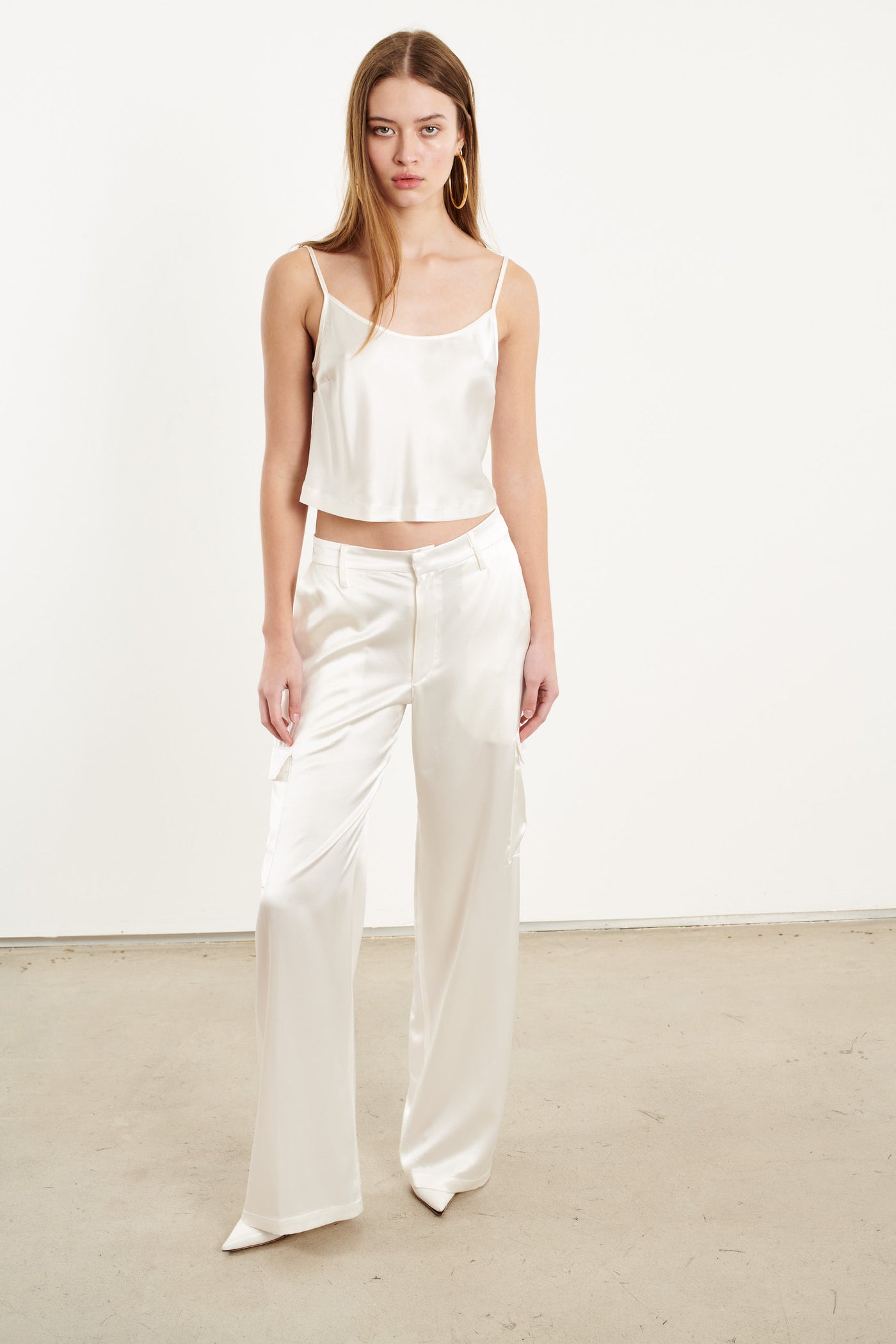 Satin High Rise Wide Leg Trousers - White | AVENUE No.29 | Wolf & Badger